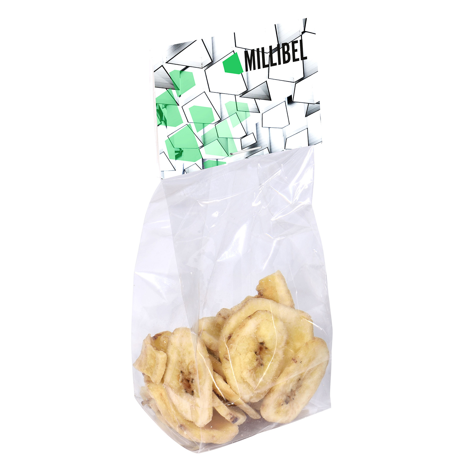 Transparent taske med fuldfarvet trykt hovedkort fyldt med ca. 40 g bananchips - Gedser