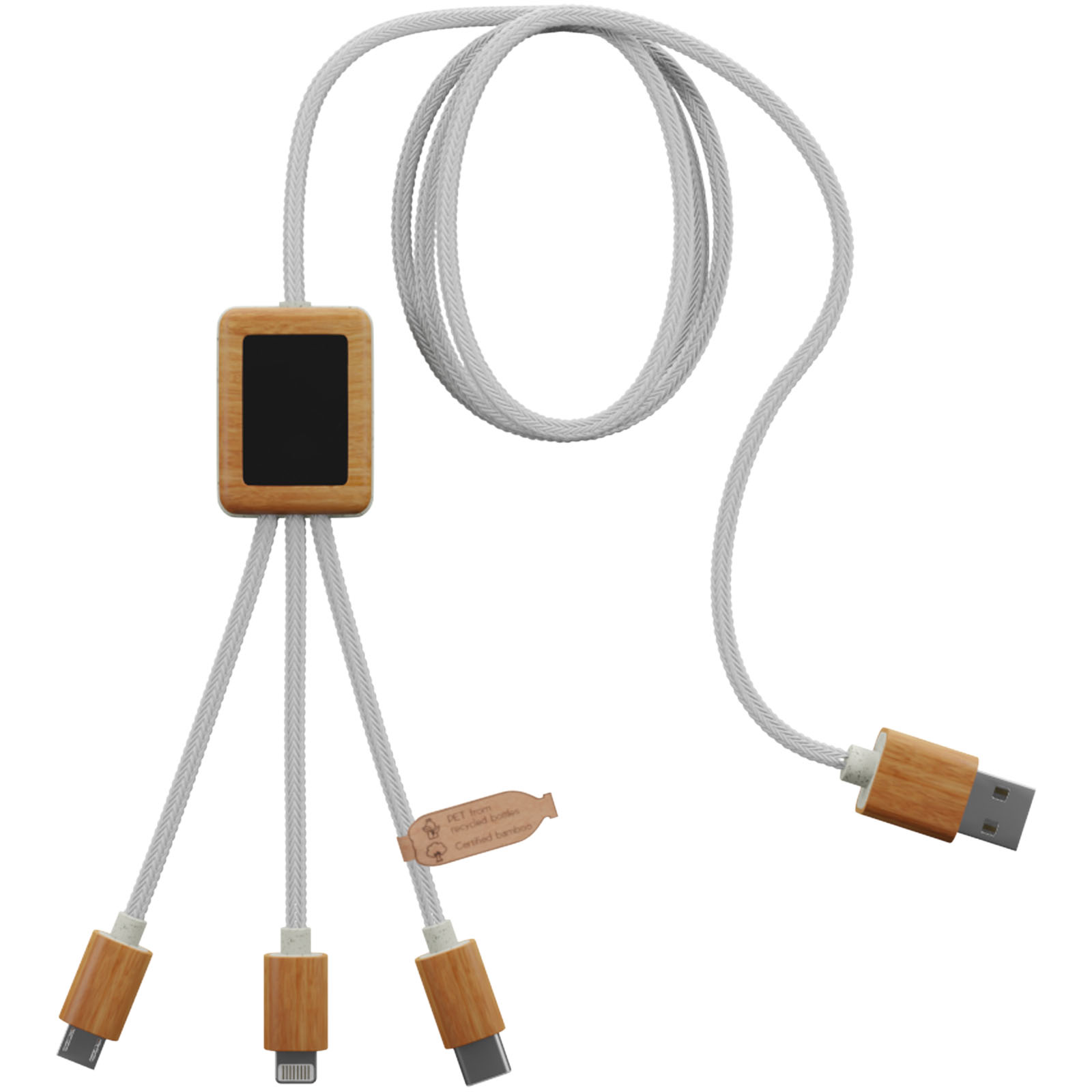 EcoCharge 3-i-1 USB-kabel med lysende logo og bambuskasse - Møn