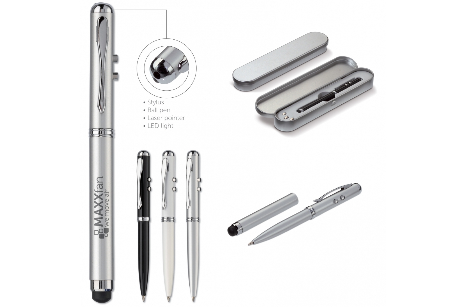 4-i-1 Metal kuglepen med laserpointer, stylus og LED-lys - Emil